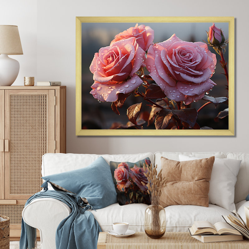 Roses roses lustrées du matin, H 16 po x l 32 po x P 1 po, Cadre doré simple