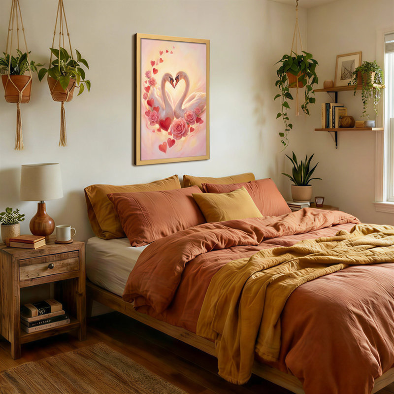 Plantes et fleurs cygnes en forme de cœur avec des roses et des cœurs, H 18 po x l 12 po