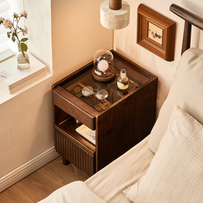Solid Wood Nightstand, Narrow 1-Drawer Bedside Table with Open Shelf and Built-in Cord Management for Small Spaces