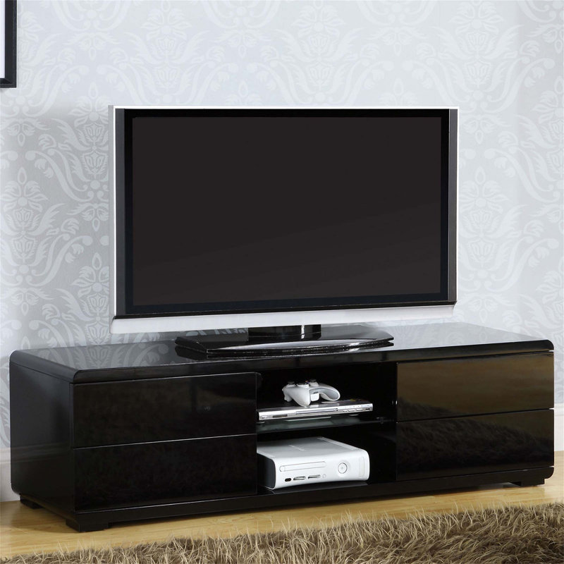 Console de télévision de style contemporain avec revêtement en laque avec glissières à roulement à billes à extension complète, accès arrière et espace de rangement ouvert