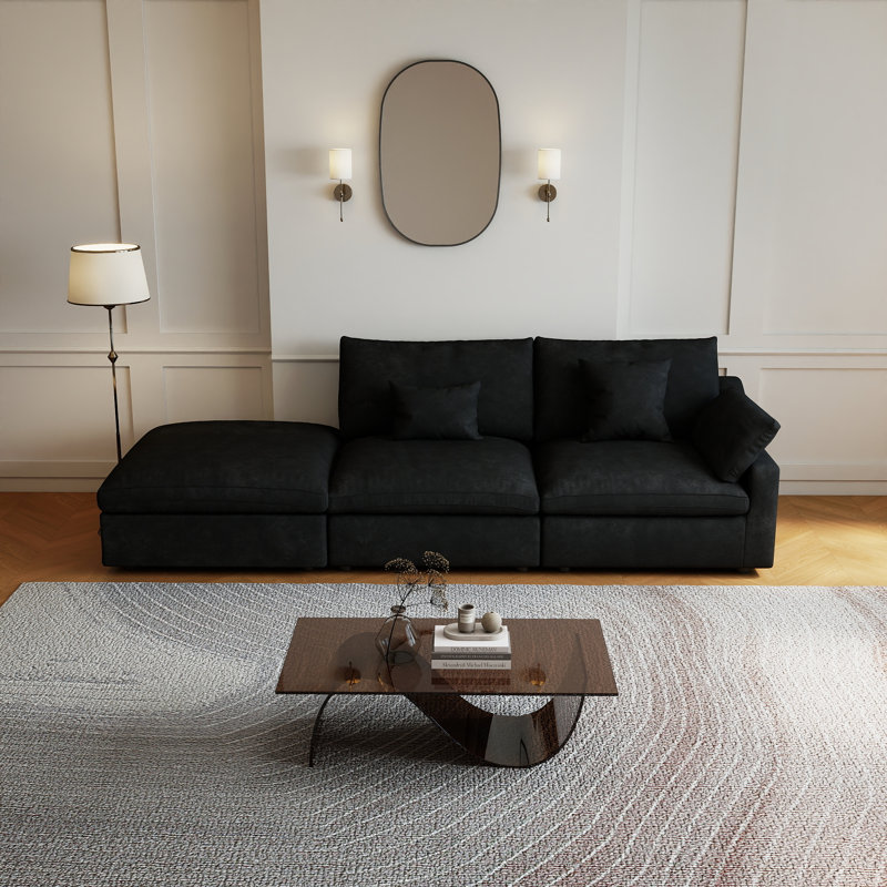 3-Piece Upholstered Modern  Chenille Fabric Modular Sofa With Ottoman, Black