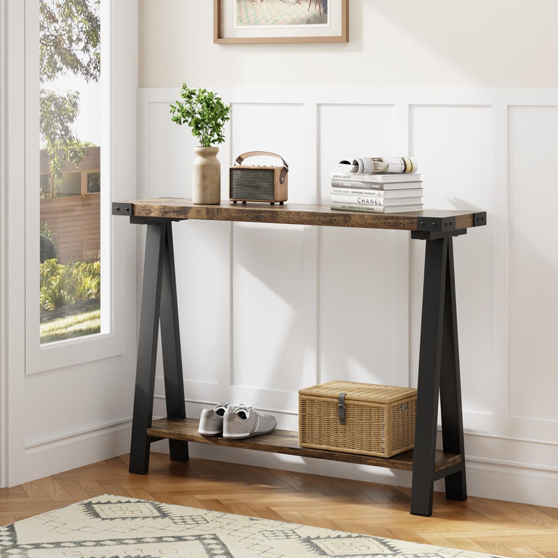 Farmhouse Console Table, 43.3" Entryway Table with 2-Tier Storage & Metal Frame for Living Room, Hallway, Behind Couch, Brown