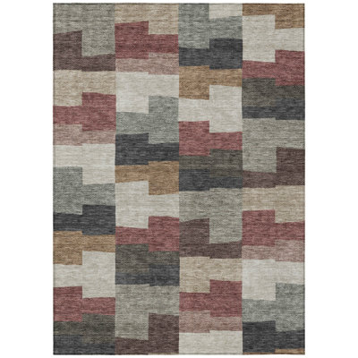 8' X 10' Orange Copper And Charcoal Geometric Washable Indoor Outdoor Area Rug