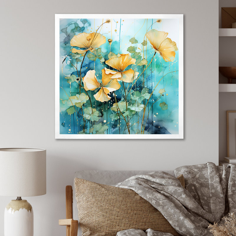 «Yellow Morning Glory Spring Awakening» - art mural Morning Glory, H 16 po x l 16 po x P 1 po, Cadre simple blanc