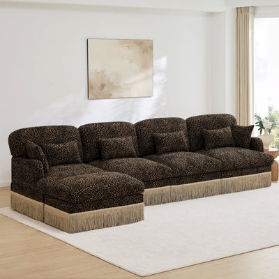 Canapé en forme de L de 131 po à imprimé léopard confortable, bord à pampille délicat, repose-pieds mobile, style moderne, dossier et siège ergonomiques, assemblage facile, siège profond pour le salon, brun noir