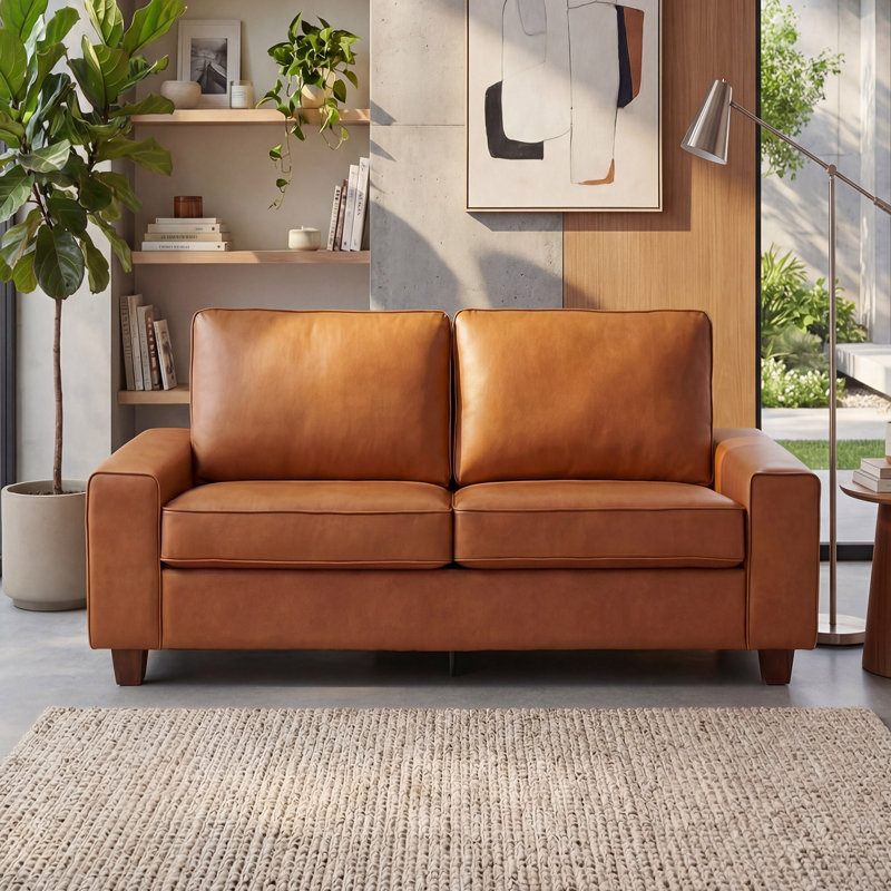 71.5" Vegan Leather Sofa with Wide Square Arms and Storage Pockets for Living Room Upholstered Couch, Brown