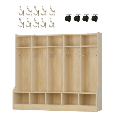 Kids Coat Locker with Bench for Classroom, Smooth Wood Surface 10 Cubbies, Daycare Cubby with 4 Hidden Casters & 10 Hooks