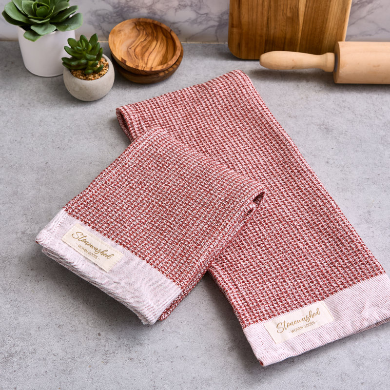 Washed Waffle Dishtowel Set/2, Pebble, Red