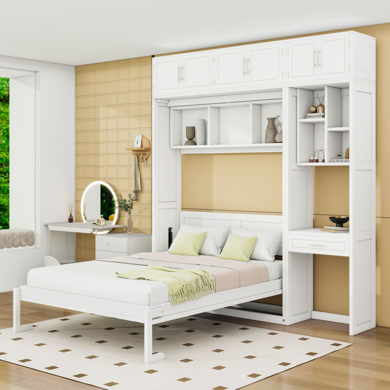 Lit escamotable avec bureau intégré et tablettes, Blanc, Grand lit
