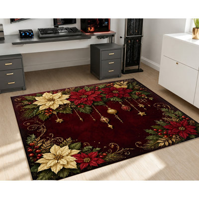 Tapis lavable à la machine de style rétro avec envers antidérapant, tapis rouge à motif poinsettia et houx, décoration intérieure confortable pour le salon, la chambre à coucher, le vestibule, la porte d'entrée, la cuisine, le balcon et l'appartem