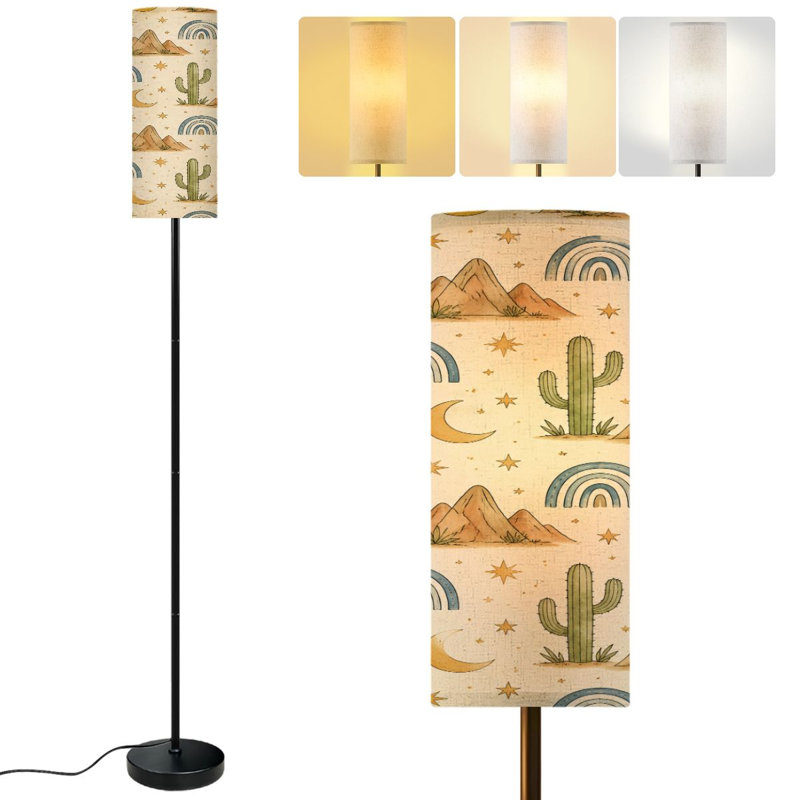  68.5" Standing Floor Lamp Cactus Mountains Boho Seamless Desert Cacti repeat print Wild West Dimmable Metal Pole Lamp with Linen Lampshade LED Bulb Included