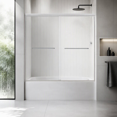 Porte de douche coulissante double pour baignoire, 142-152 cm (L) x 147 cm (H), porte de baignoire semi-encadrée, verre trempé de 6 mm avec film anti-explosion, cadre ajustable en alliage d'aluminium, nickel brossé GF-26D03-T60BNX
