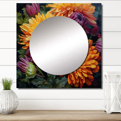 Orange orange  mauves en fleurs - grand miroir mural carré décoratif floral pour chambre à coucher