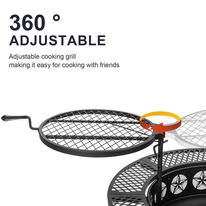 Wood Burning Fire Pit With Grill And Lid, 25.2" H x 42" W x 42" D