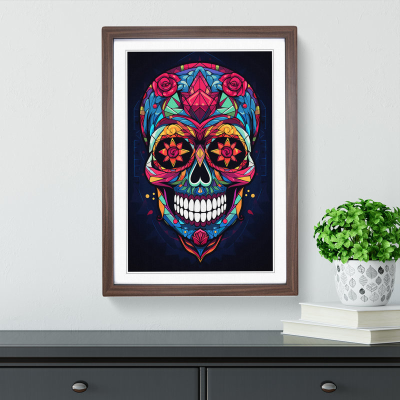 Sugar Skull Geometric Art - Framed Print, 34cm H x 25cm W x 2cm D, Walnut Framed