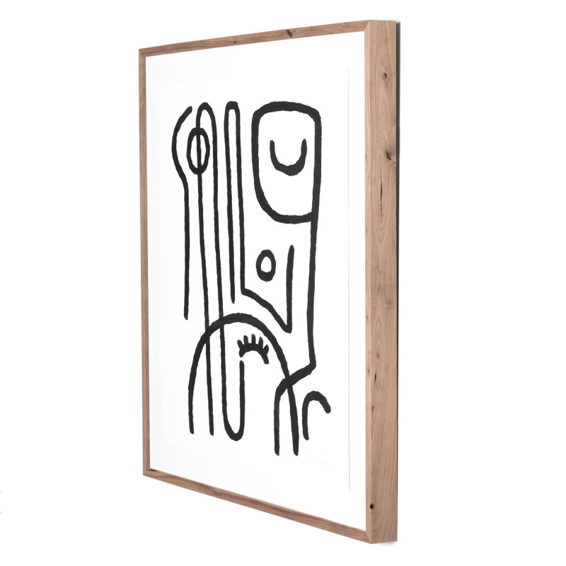 Modern Black and White Abstract Canvas Painting with Walnut Frame