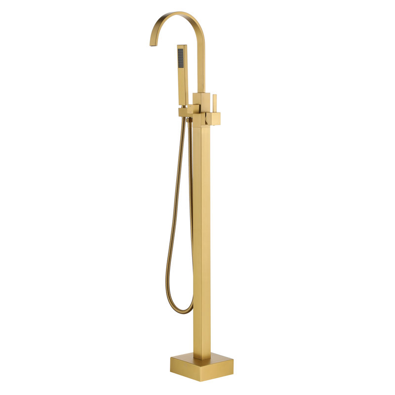 Single Handle Floor Mounted Freestanding Tub Filler with Diverter and Handheld Shower, Brushed Brass