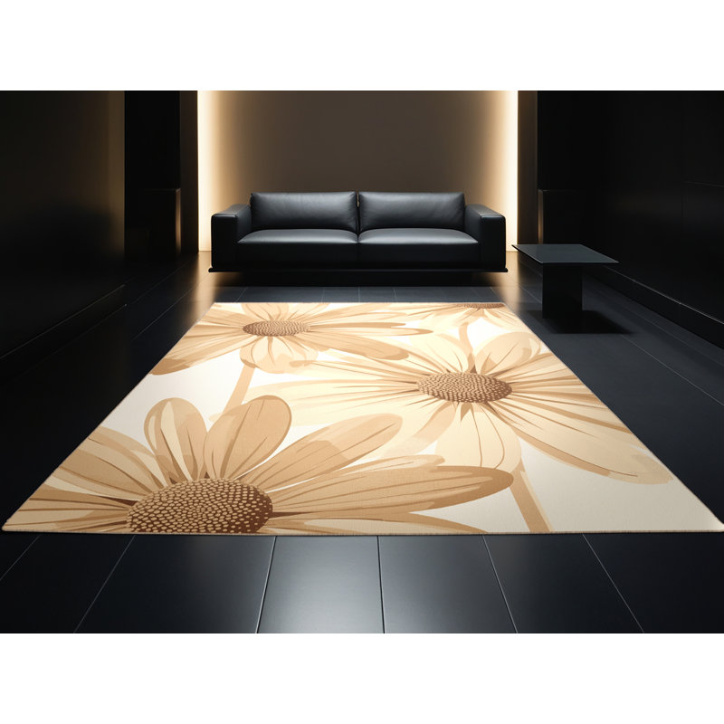 Soft Plush Esmont Daisy Scandinavian Area Rug in Beige – Beige Binding, 2x4