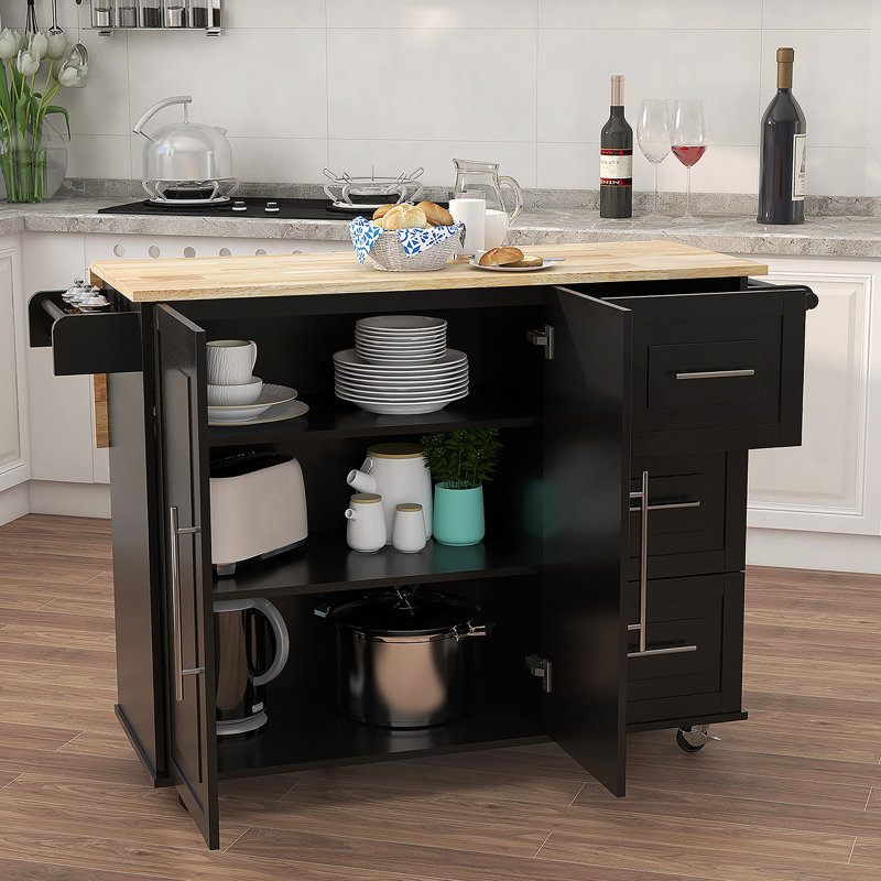 Îlot de cuisine avec porte-épices, porte-serviettes et table extensible en bois massif