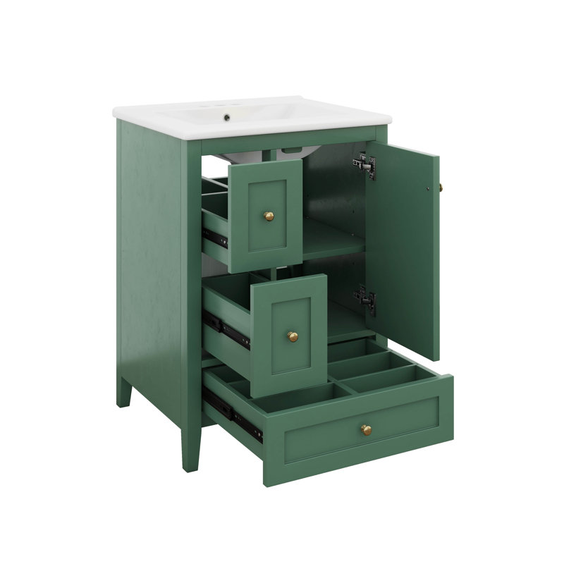 Meuble-lavabo 24 po avec lavabo encastré en céramique, armoire de rangement multifonctionnelle avec trois tiroirs et tablette réglable, panneau de fibres à densité moyenne et bois d'hévéa