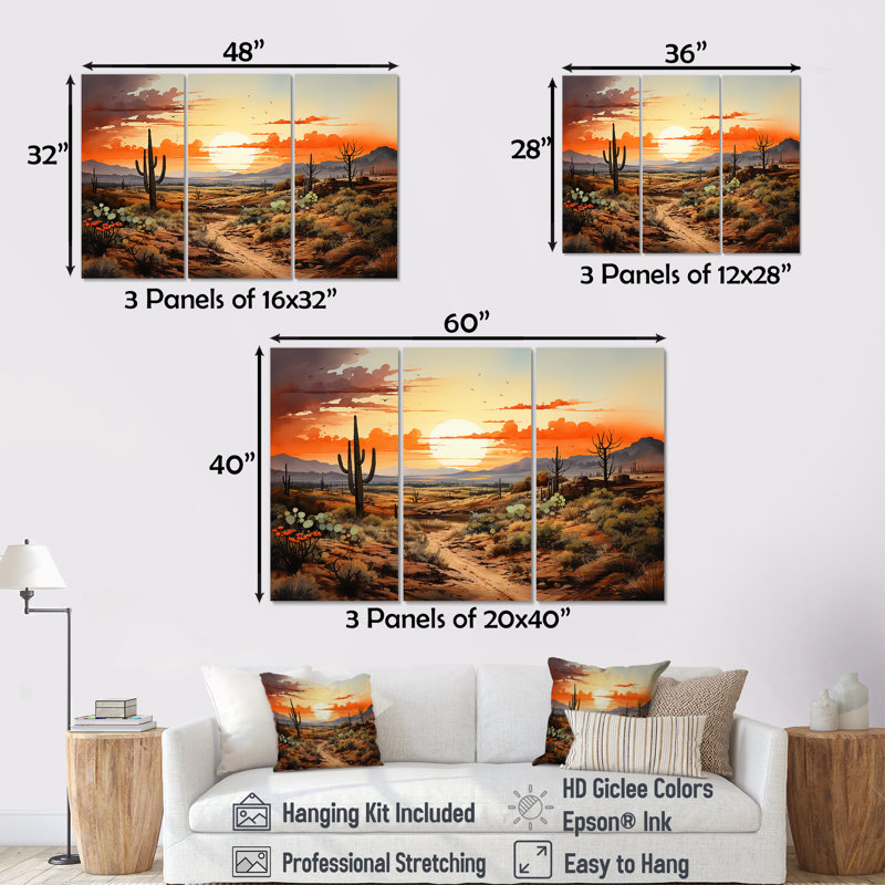 Silhouette orange, cactus lever de soleil - art mural floral cactus, H 32 po x l 48 po, Toile tendue