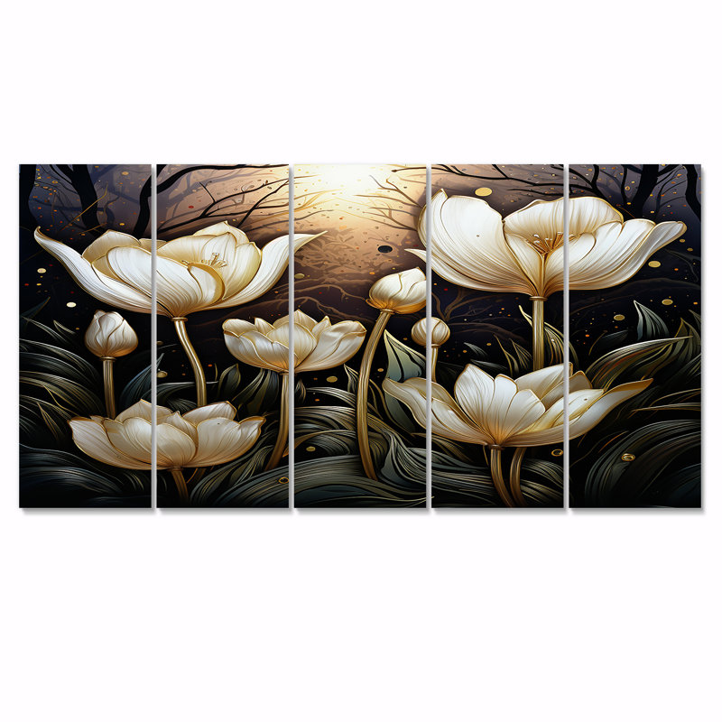 Élégantes tulipes blanches glamour dans la nuit - Art mural sur toile 5 pièces, H 32 po x l 80 po