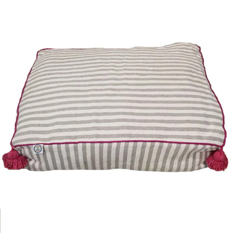 Lit pour chien en coton rayé, Gris / blanc / fuchsia