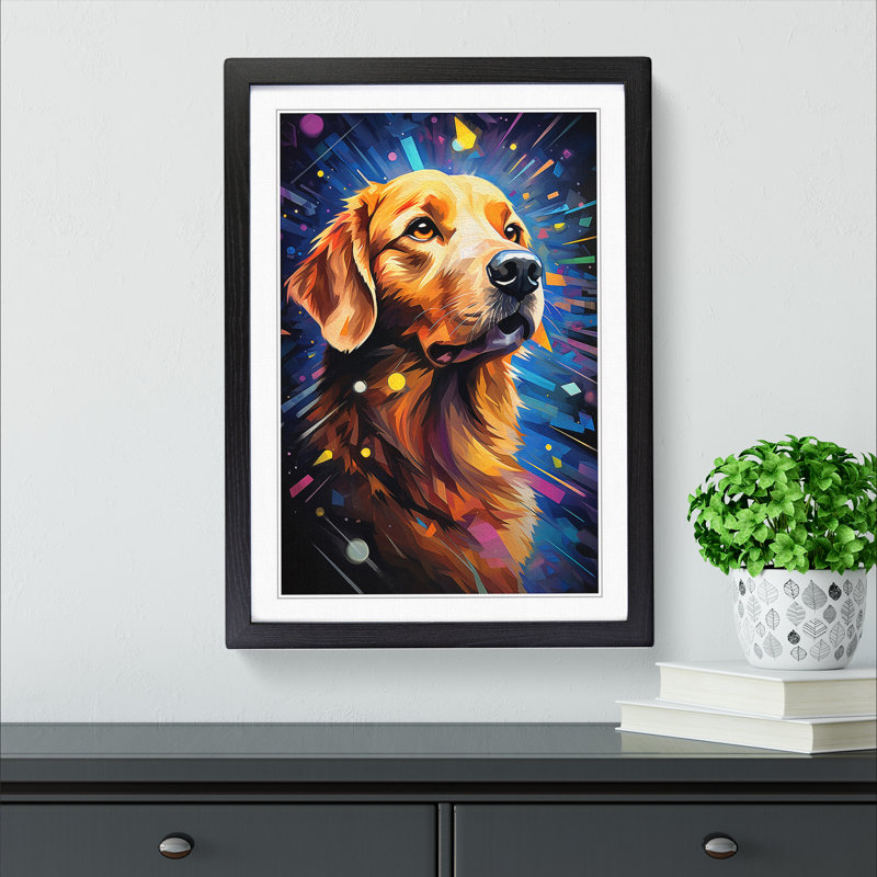 Golden Retriever Futurism - Single Picture Frame Print on Wood, 64cm H x 46cm W, Black Framed