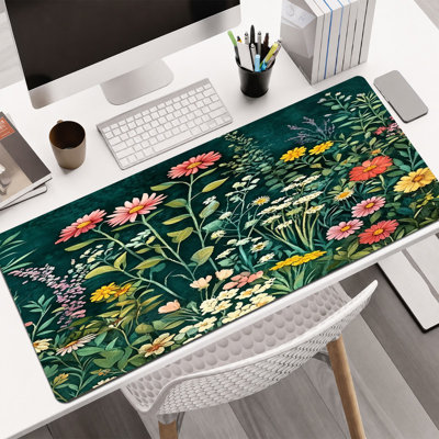 Tapis de souris en caoutchouc, surface en microfibre lisse, base antidérapante, tapis de souris décoratif à bord arrondi pour le bureau et les jeux, 17 po x 47 po, collage de fleurs botaniques vertes