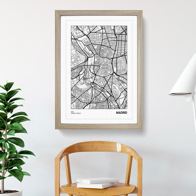 Map Madrid Spain - Picture Frame Graphic Art, 90cm H x 65cm W x 2cm D, Oak