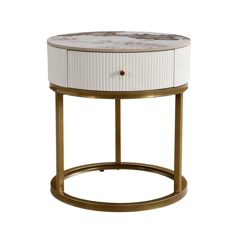Table de chevet moderne 19,68 pouces avec tiroir, table de bout ronde en marbre avec rangement, table d'appoint pour le salon et la chambre à coucher