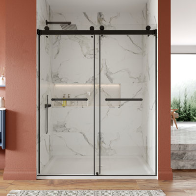 DeerValley 56" - 60" W x 76" H  Double Sliding Frameless Shower Door with 3/8"(10mm) Clear Glass, Stainless Steel Accessories