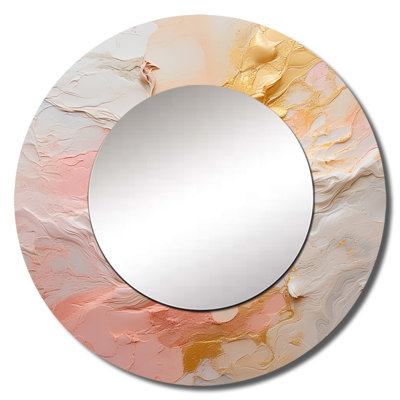 Gold And Pink Paint Fusion I - Abstract Painting Decorative Wall Mirror, Beige Round Mirror, Printed Metal Art