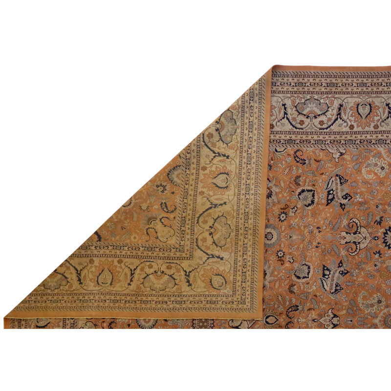 Oriental Hand-Knotted Wool Coral/White/Dark Blue Area Rug