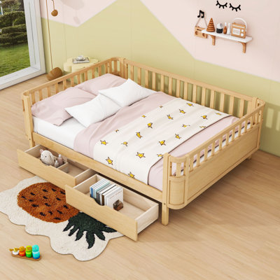 Bed With Safety Rails And Storage Drawers, Slats