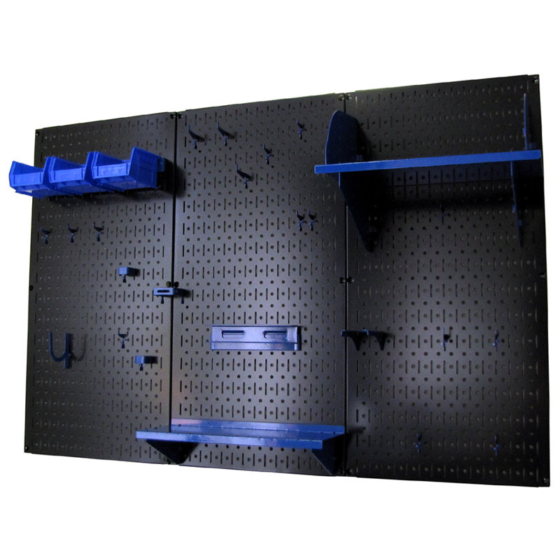 Black and Blue Metal Pegboard Tool Storage Kit with Shelves