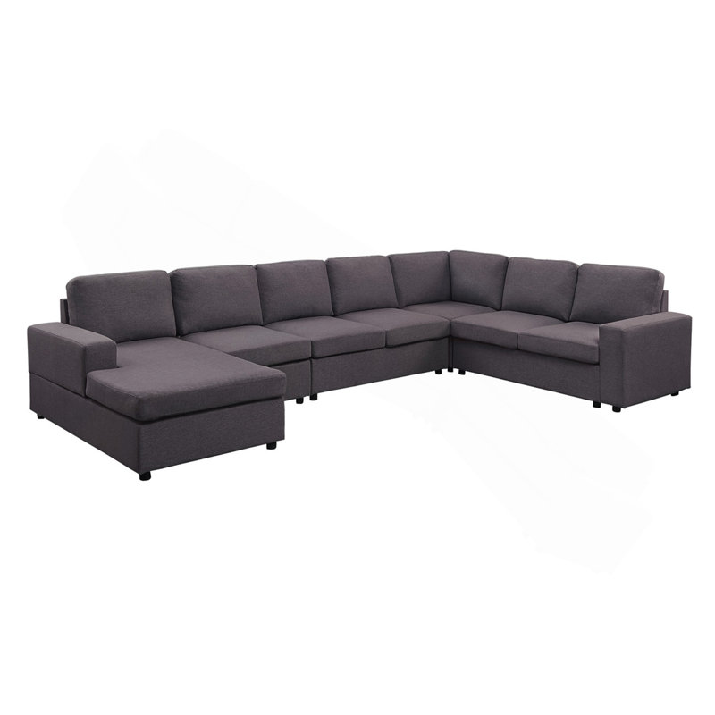 Canapé modulaire 146,5 po avec méridienne réversible en lin gris foncé Tifton, Gris foncé