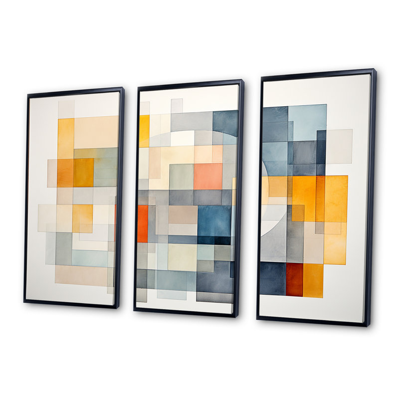 Multicolore cubes motifs IV - art mural géométrique, H 28 po x l 36 po x P 1 po, Cadre flottant noir