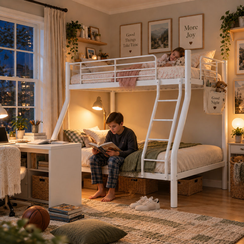 Lit superposé standard en métal (1 place et 2 places) avec barrières de sécurité et échelle intégrée, blanc, Blanc
