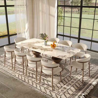 Mid-Century Double Pedestal Solid Wood Dining Table Sets With Rectangular Sintered Stone Tabletop
