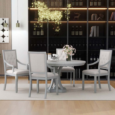 Retro 5-piece dining set extendable round table and 4 chairs,round table top with leaf,dining table set,dining room set Bowlds