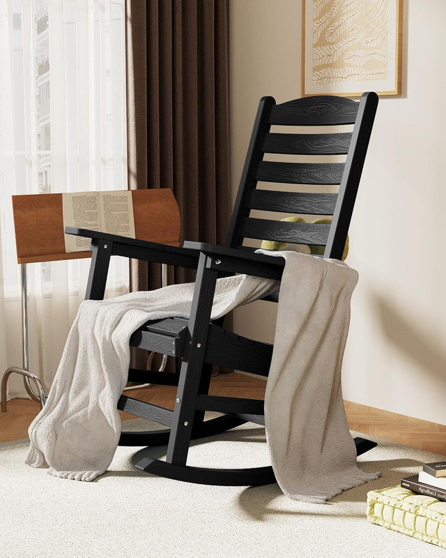 Chaise berçante d'extérieur à bascule d'extérieur toutes saisons avec dossier courbé pour terrasse, jardin, jardin, noir