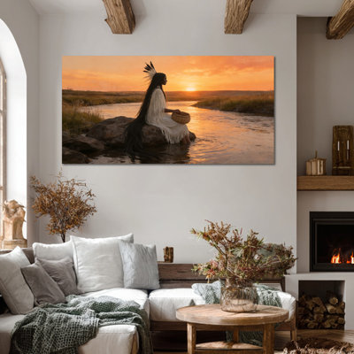 Large Native American Canvas Wall Art, Indian Decor Feather Headdress River Sunset Canvas Prints, Ready to Hang Museum-Grade Painting, Rustic Poster Picture for Living Room Bedroom Office Wall Artwork, 24×48 Inches