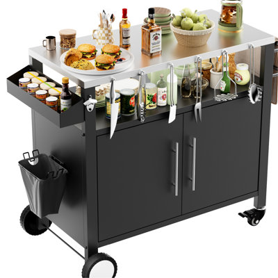 Table de barbecue extérieure noire avec rangement pour les sauces et plateau à couches mobile