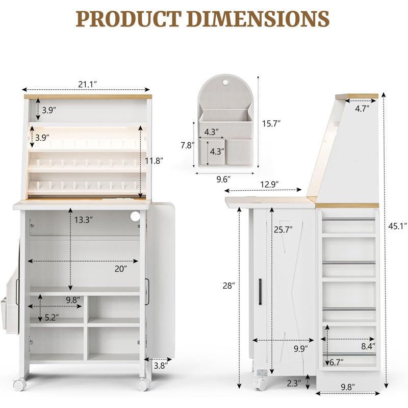 Bureau d'armoire pliable pour machine à coudre, bureau portatif pour table de couture, prise de courant intégrée, éclairage DEL, tablettes et sac de rangement, étagères à filetage, style porte de grange