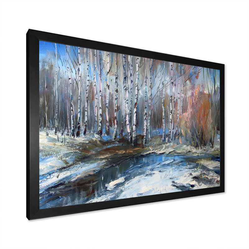 Winter Birches Forest - Décoration murale traditionnelle sur toile, Impression noire sur toile encadrée, 8" H x 12" W x 1" D