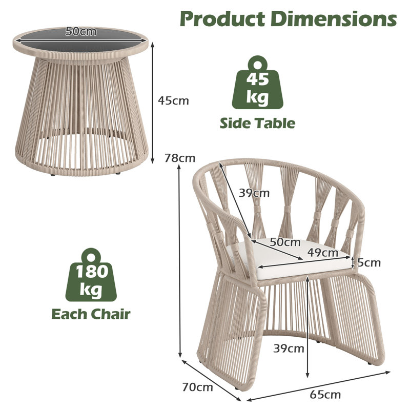 3 Piece Patio Leisure Chair Set Rope-Woven Armchairs & Table Set