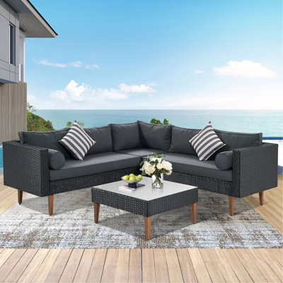 Ensemble de canapé d'extérieur en osier 4 pièces, mobilier de patio avec coussins colorés, ensemble de canapé en L, coussins beiges et rotin brun