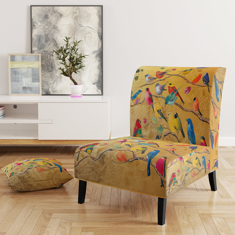 Multi-Color Bird On Tree - Upholstered Farmhouse Accent Slipper Chair, Orange Polyester Blend