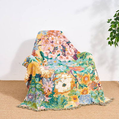 Monet Garden Oil Painting Cotton Throw Blanket, Double-Sided Muslin Cotton Blanket with Fringe Tassel, Boho Floral Decorative Coverlet for Sofa Couch Bed, All Season Lightweight Soft Blanket for Napping, Picnic, Home Decor